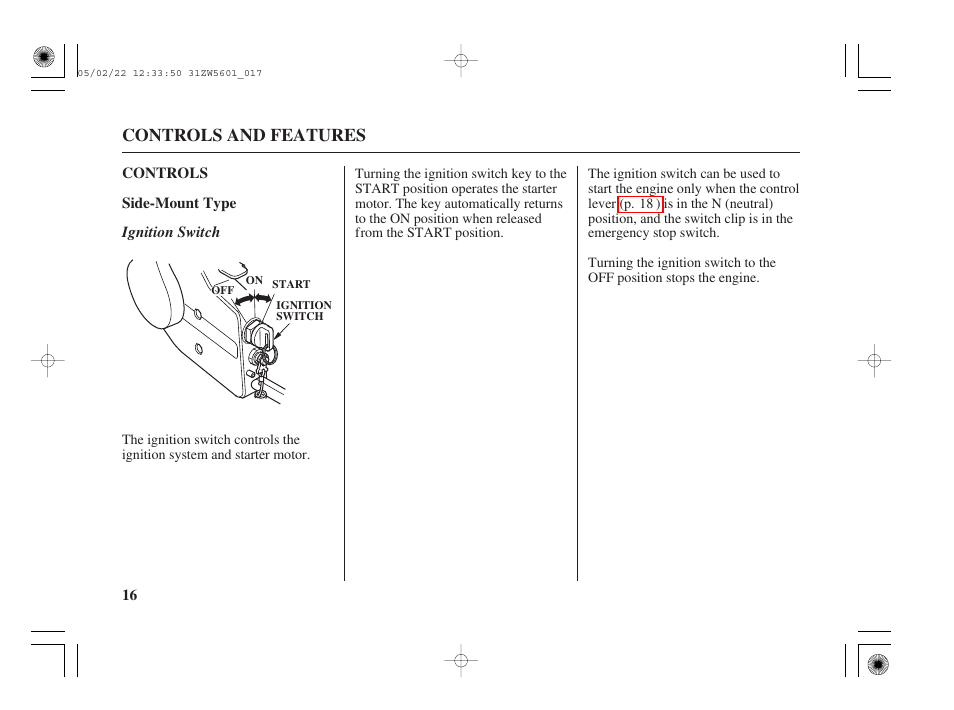 Controls, Side-mount type, Ignition switch | Controls and features | HONDA Outboard Motor BF115A User Manual | Page 18 / 130