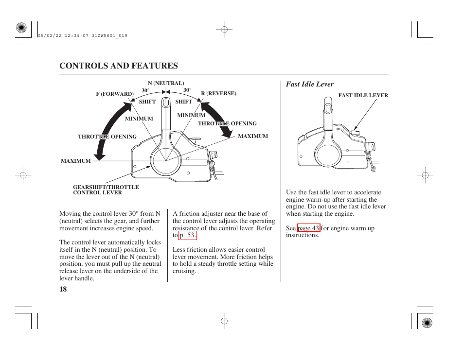 Fast idle lever, Controls and features | HONDA Outboard Motor BF115A User Manual | Page 20 / 130