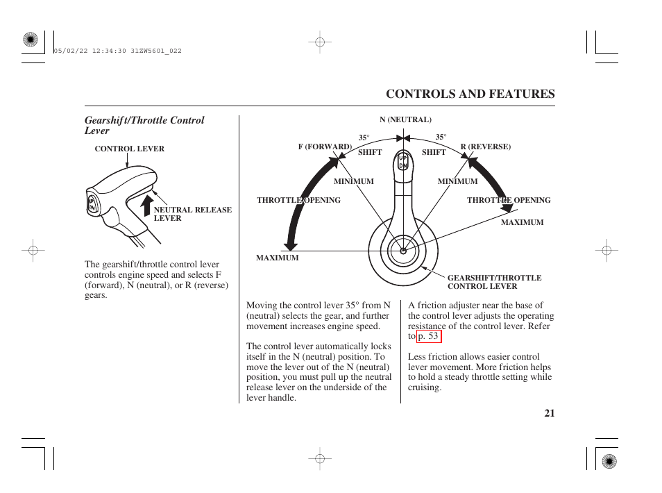 Gearshift/throttle control lever, Controls and features, Gearshif t/throttle control lever | HONDA Outboard Motor BF115A User Manual | Page 23 / 130