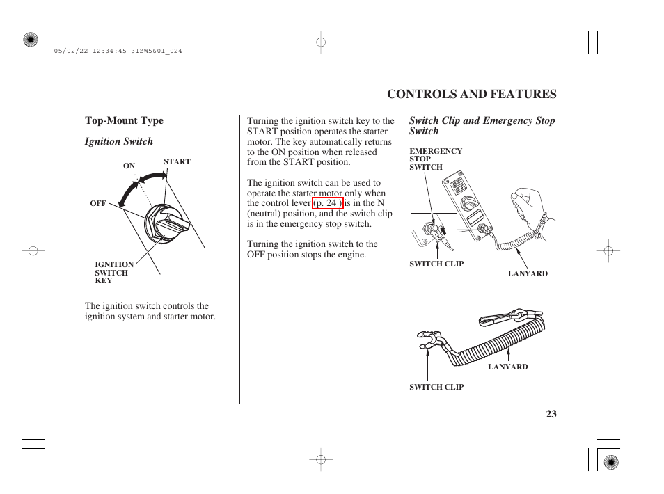 Top-mount type, Ignition switch, Switch clip and emergency stop switch | Controls and features | HONDA Outboard Motor BF115A User Manual | Page 25 / 130