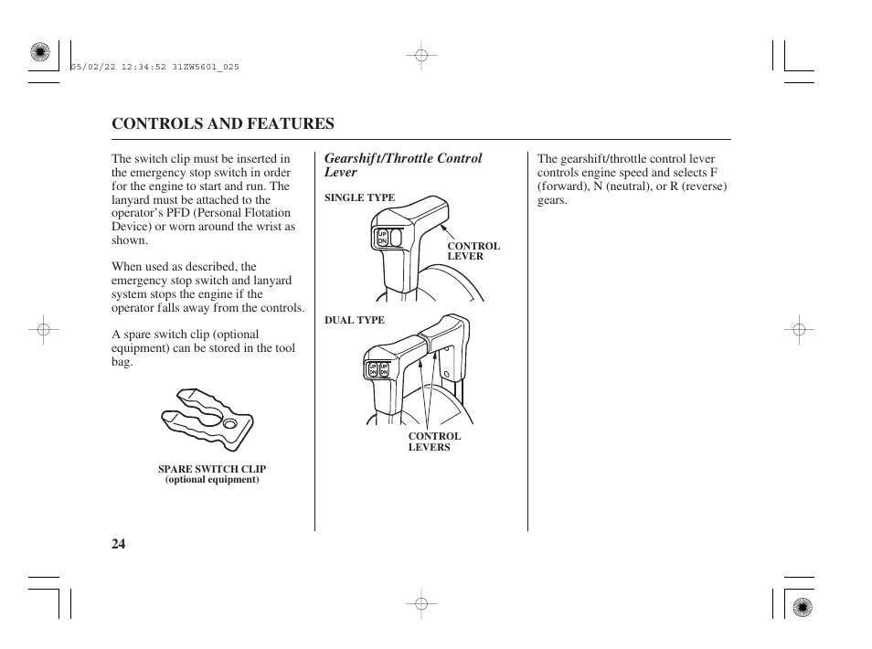 Gearshift/throttle control lever, Controls and features, Gearshif t/throttle control lever | HONDA Outboard Motor BF115A User Manual | Page 26 / 130