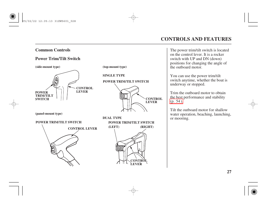 Common controls, Power trim/tilt switch, Controls and features | HONDA Outboard Motor BF115A User Manual | Page 29 / 130