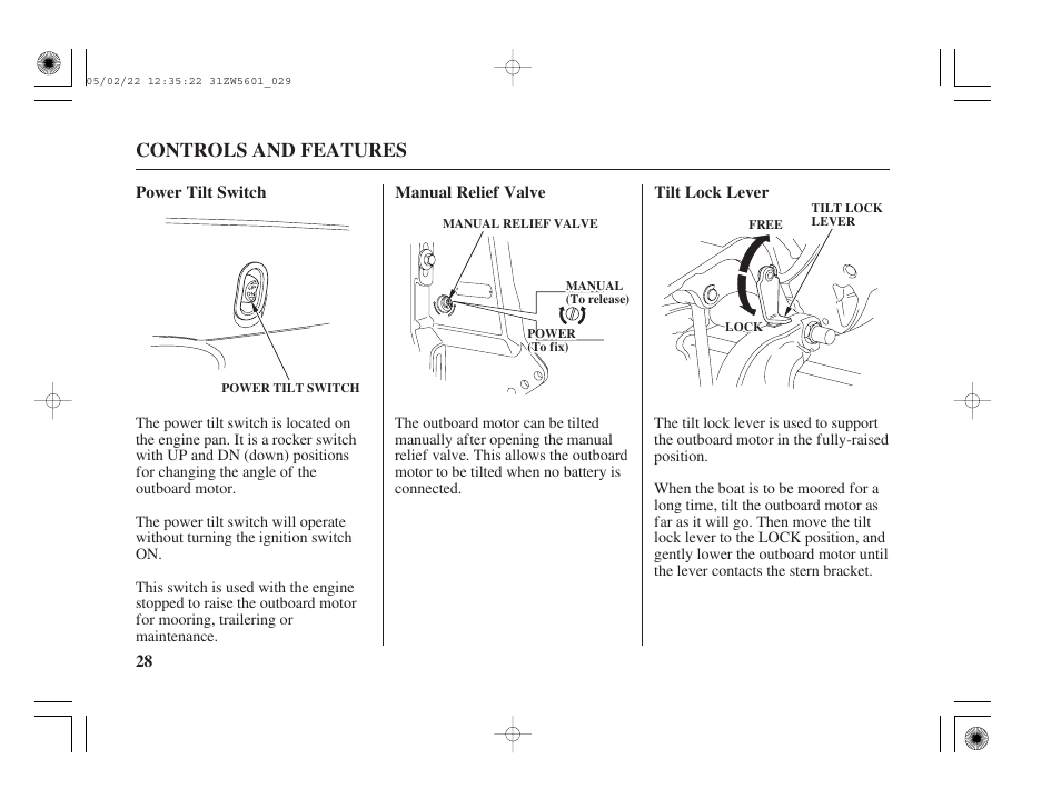 Power tilt switch, Manual relief valve, Tilt lock lever | Controls and features | HONDA Outboard Motor BF115A User Manual | Page 30 / 130