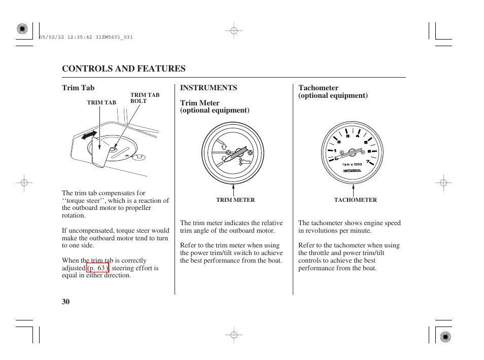 Trim tab, Instruments, Trim meter (optional) | Tachometer (optional) | HONDA Outboard Motor BF115A User Manual | Page 32 / 130