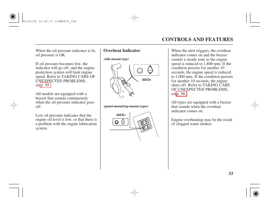 Overheat indicator, Controls and features | HONDA Outboard Motor BF115A User Manual | Page 35 / 130