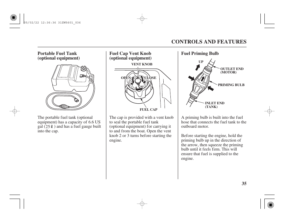 Portable fuel tank (optional), Fuel cap vent knob (optional), Fuel priming bulb | Controls and features | HONDA Outboard Motor BF115A User Manual | Page 37 / 130