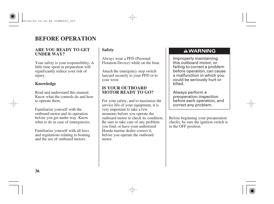 Before operation, Are you ready to get under way, Is your outboard motor ready to go | HONDA Outboard Motor BF115A User Manual | Page 38 / 130