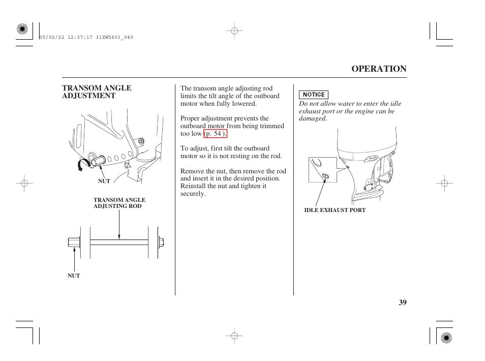 Transom angle adjustment, Operation | HONDA Outboard Motor BF115A User Manual | Page 41 / 130