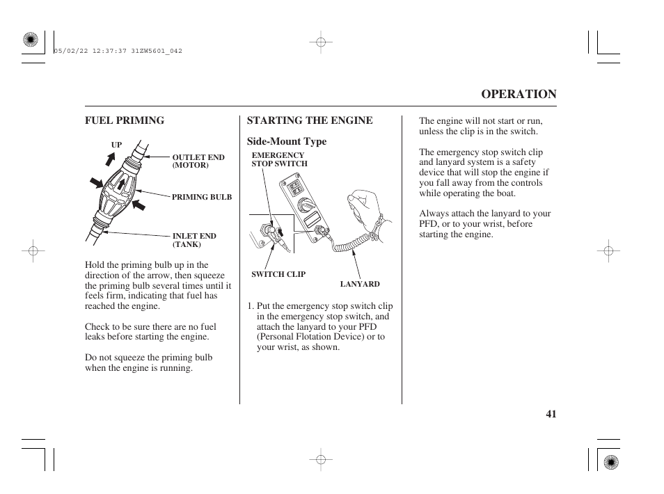 Fuel priming, Starting the engine, Side-mount type | Operation | HONDA Outboard Motor BF115A User Manual | Page 43 / 130