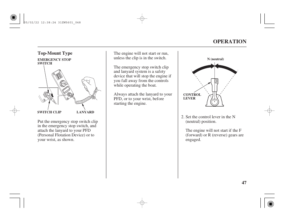 Top-mount type, Operation | HONDA Outboard Motor BF115A User Manual | Page 49 / 130