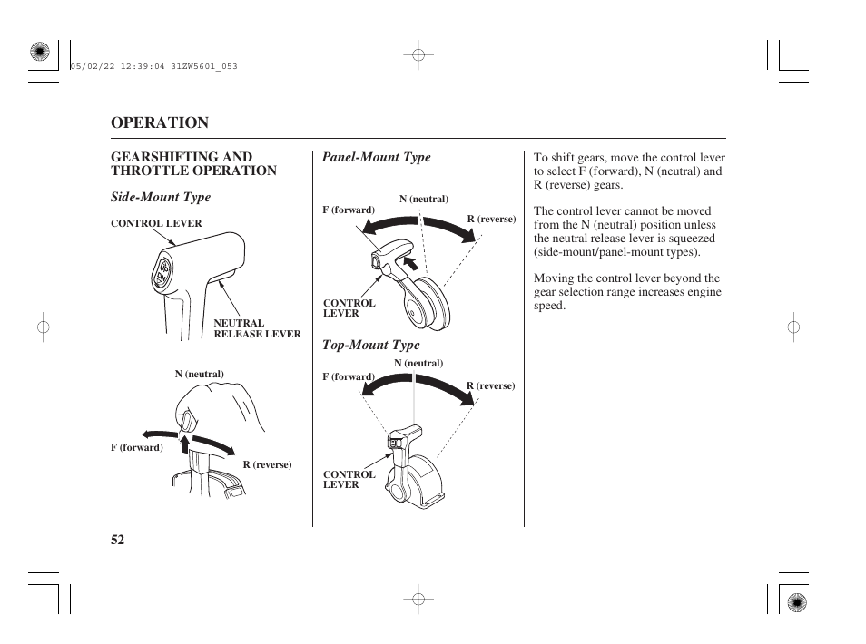 Gearshifting and throttle operation, Operation | HONDA Outboard Motor BF115A User Manual | Page 54 / 130