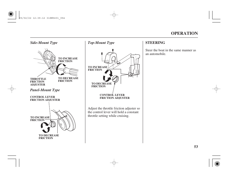 Steering, Operation | HONDA Outboard Motor BF115A User Manual | Page 55 / 130