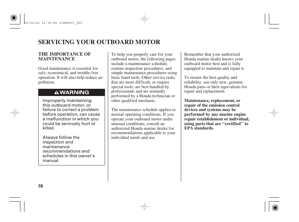 Servicing your outboard motor, The importance of maintenance | HONDA Outboard Motor BF115A User Manual | Page 60 / 130