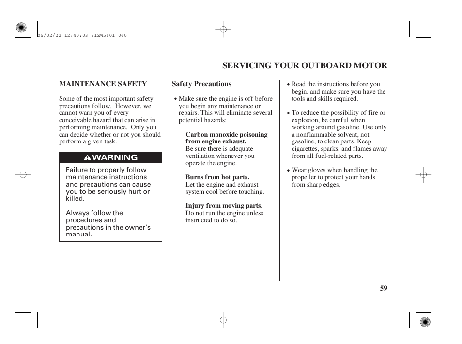 Maintenance safety | HONDA Outboard Motor BF115A User Manual | Page 61 / 130