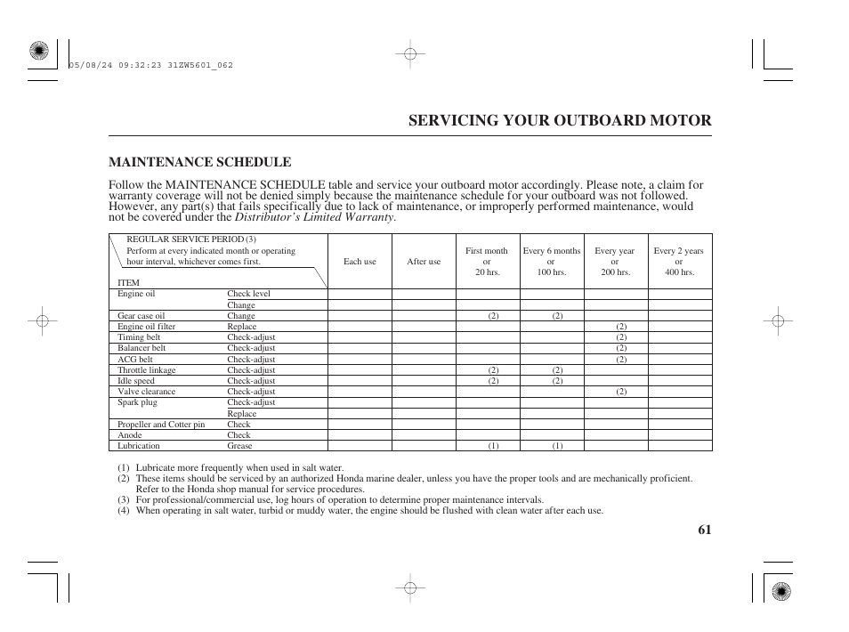 Maintenance schedule, Servicing your outboard motor, 61 maintenance schedule | HONDA Outboard Motor BF115A User Manual | Page 63 / 130