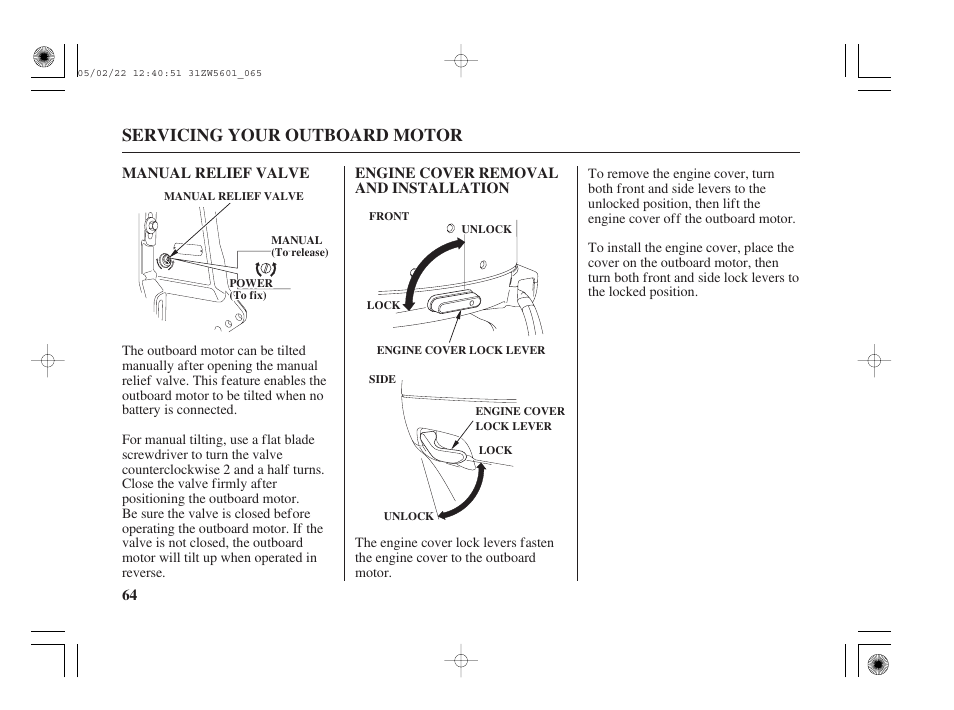 Manual relief valve, Engine cover removal and installation, Servicing your outboard motor | HONDA Outboard Motor BF115A User Manual | Page 66 / 130