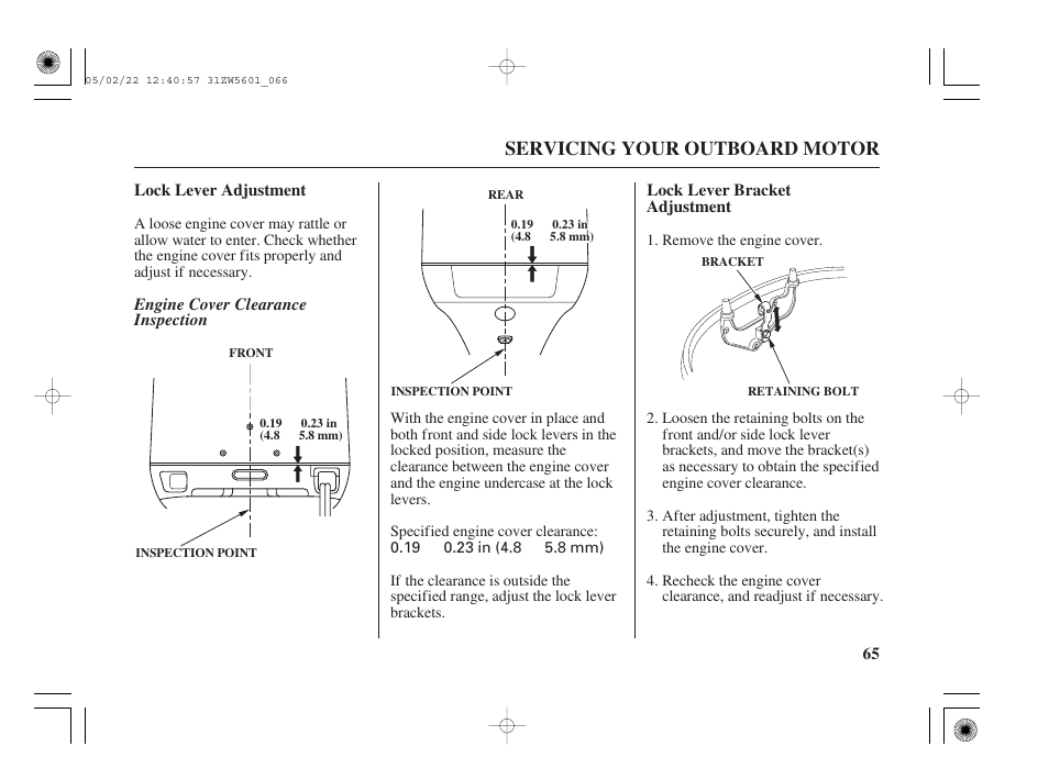 Lock lever adjustment, Lock lever bracket adjustment, Servicing your outboard motor | HONDA Outboard Motor BF115A User Manual | Page 67 / 130