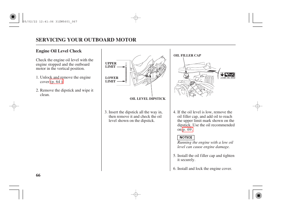 Engine oil level check | HONDA Outboard Motor BF115A User Manual | Page 68 / 130