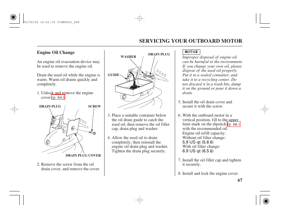 Engine oil change, Servicing your outboard motor | HONDA Outboard Motor BF115A User Manual | Page 69 / 130