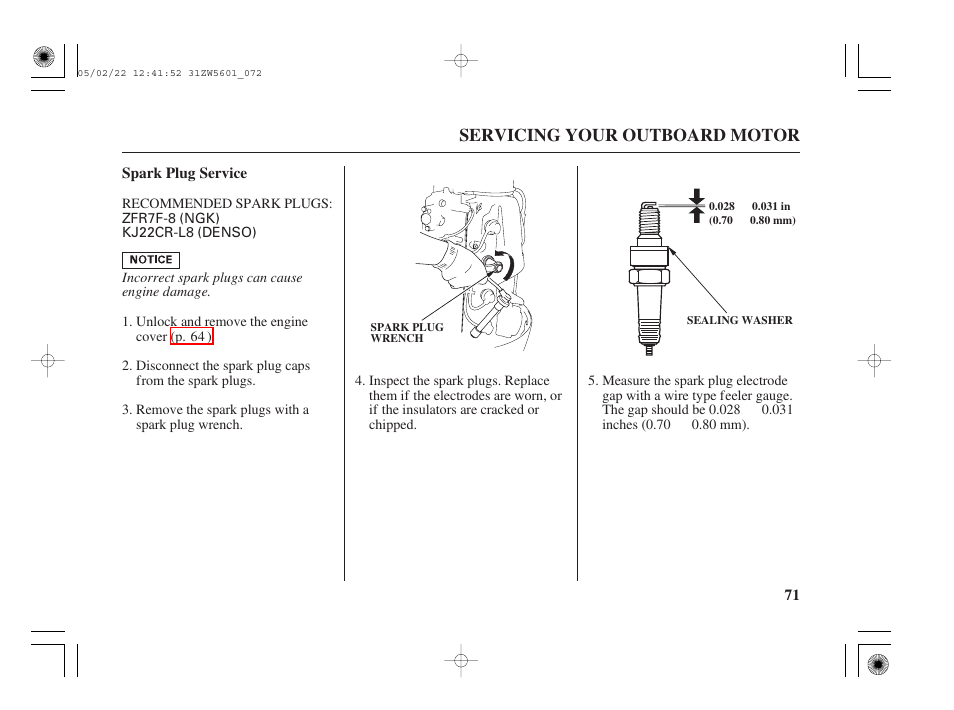 Spark plug service, Servicing your outboard motor | HONDA Outboard Motor BF115A User Manual | Page 73 / 130