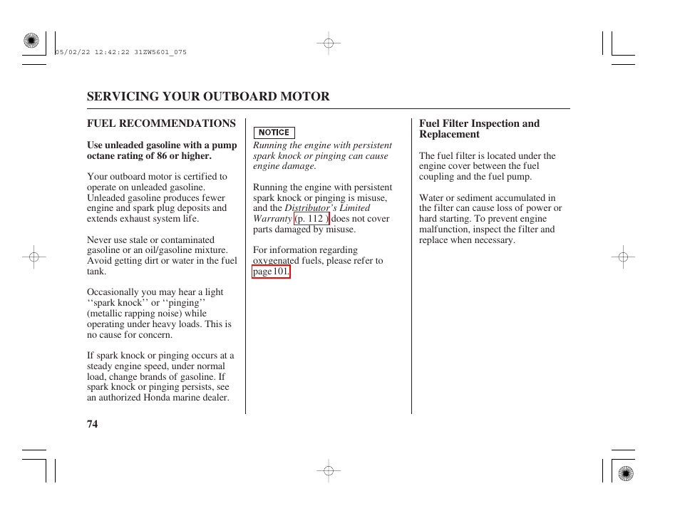 Fuel recommendations, Fuel filter inspection and replacement | HONDA Outboard Motor BF115A User Manual | Page 76 / 130