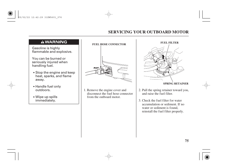 Servicing your outboard motor | HONDA Outboard Motor BF115A User Manual | Page 77 / 130