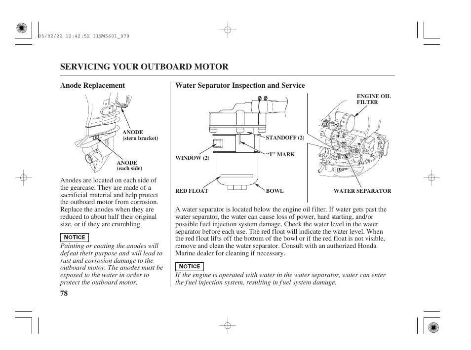 Anode replacement, Water separator inspection and service, Servicing your outboard motor | HONDA Outboard Motor BF115A User Manual | Page 80 / 130