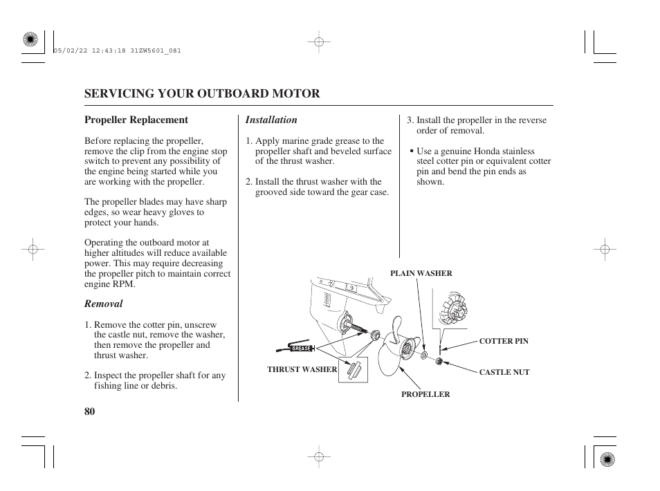 Propeller replacement, Servicing your outboard motor | HONDA Outboard Motor BF115A User Manual | Page 82 / 130