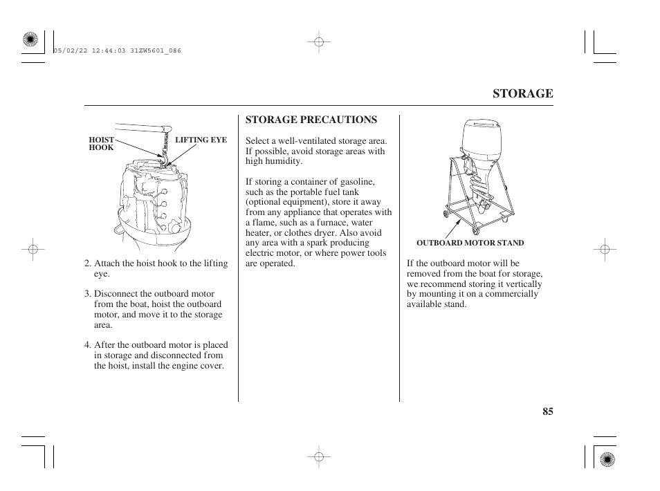 Storage precautions, Storage | HONDA Outboard Motor BF115A User Manual | Page 87 / 130