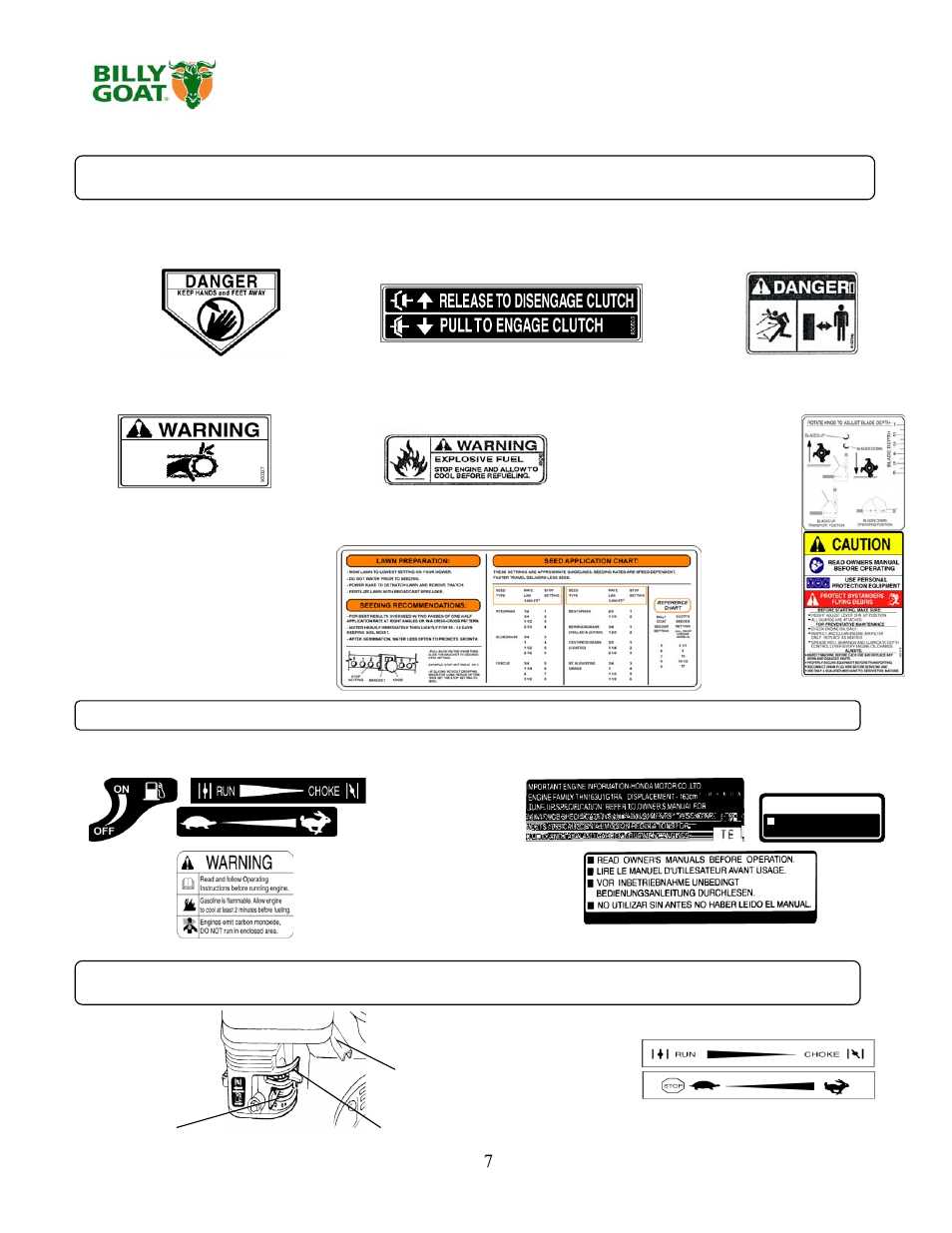 Briggs & stratton honda, 7 pr & os owner’s manual, Instruction labels | Engine labels engine controls | Billy Goat PR550 User Manual | Page 7 / 20