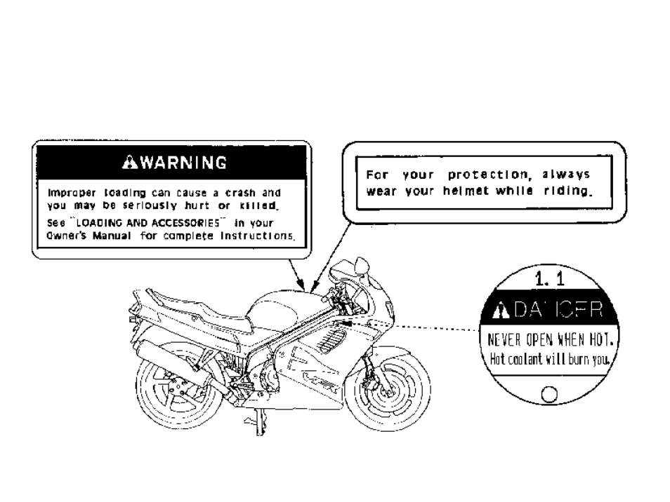 Safety labels, 9 safety labels | HONDA Motorcycle User Manual | Page 17 / 130