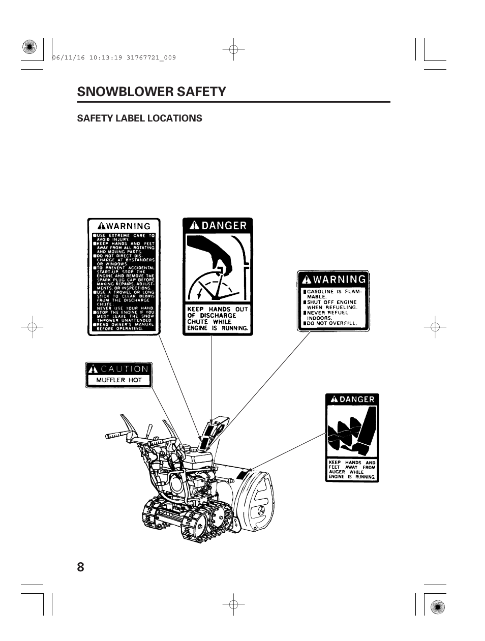 Safety label locations, 8snowblower safety | HONDA SNOWBLOWER HS724 User Manual | Page 10 / 80