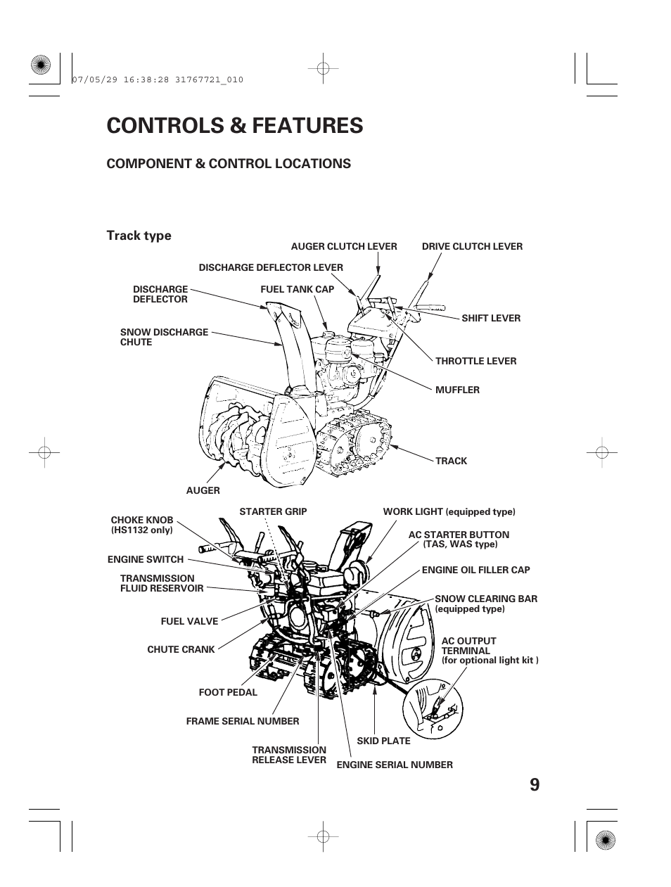 Controls & features, Component & control locations, Control & features | Component & control locations track type | HONDA SNOWBLOWER HS724 User Manual | Page 11 / 80