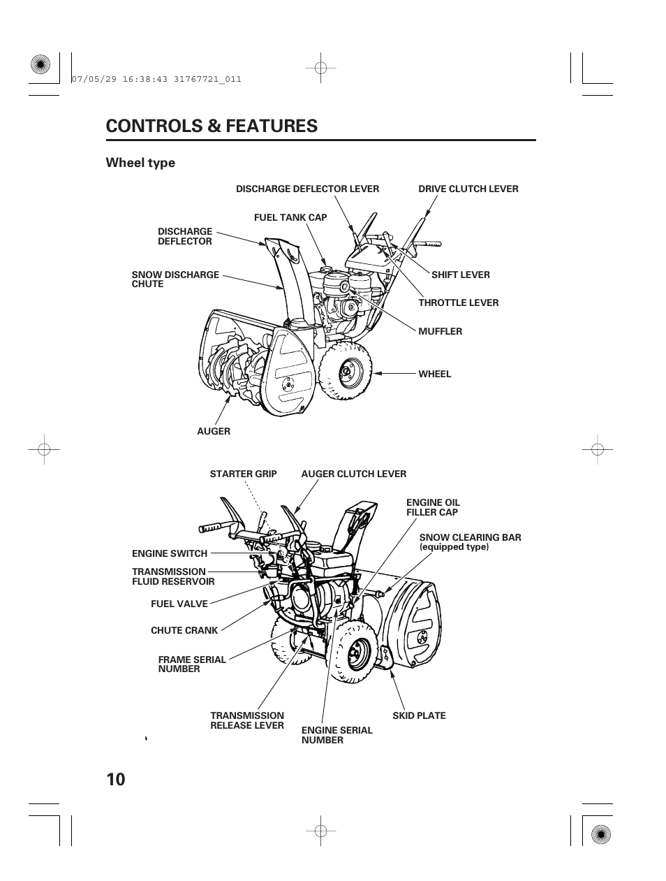 10 controls & features, Wheel type | HONDA SNOWBLOWER HS724 User Manual | Page 12 / 80