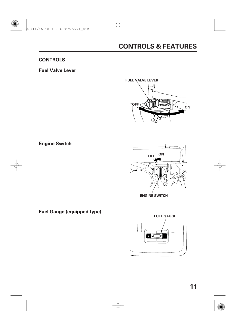 Controls, Fuel valve lever, Engine switch | Fuel gauge (equipped type), 11 controls & features | HONDA SNOWBLOWER HS724 User Manual | Page 13 / 80