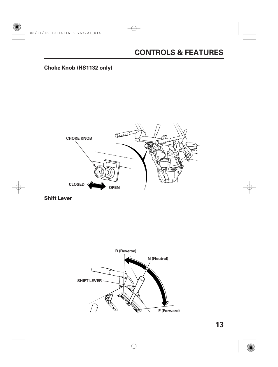 Choke knob (hs1132 only), Shift lever, 13 controls & features | HONDA SNOWBLOWER HS724 User Manual | Page 15 / 80