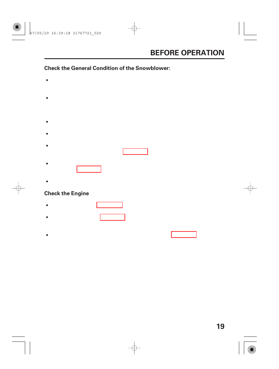 19 before operation | HONDA SNOWBLOWER HS724 User Manual | Page 21 / 80