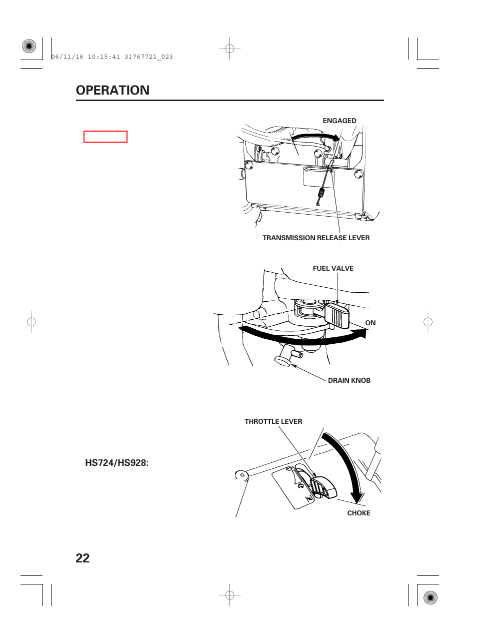 22 operation | HONDA SNOWBLOWER HS724 User Manual | Page 24 / 80