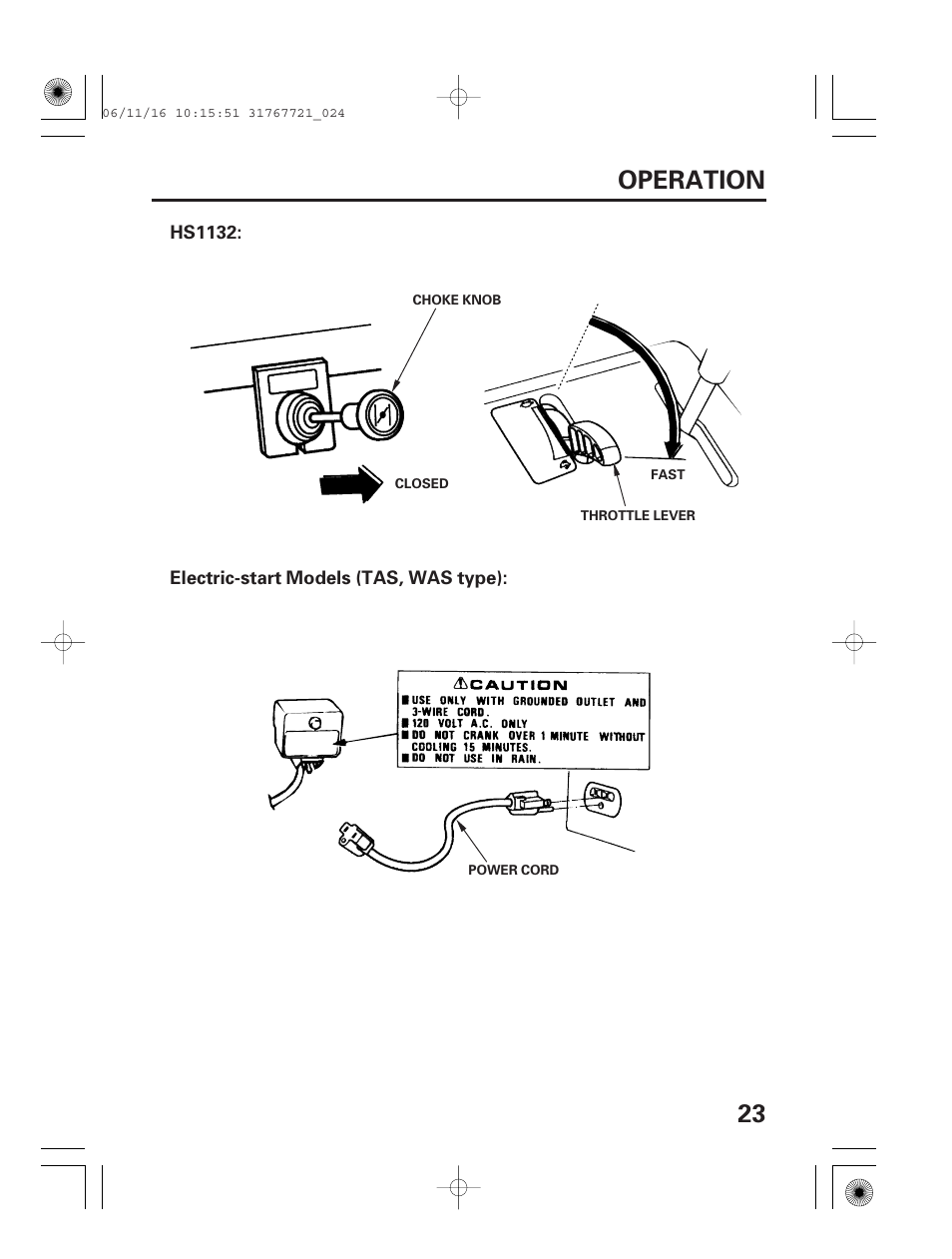 23 operation | HONDA SNOWBLOWER HS724 User Manual | Page 25 / 80