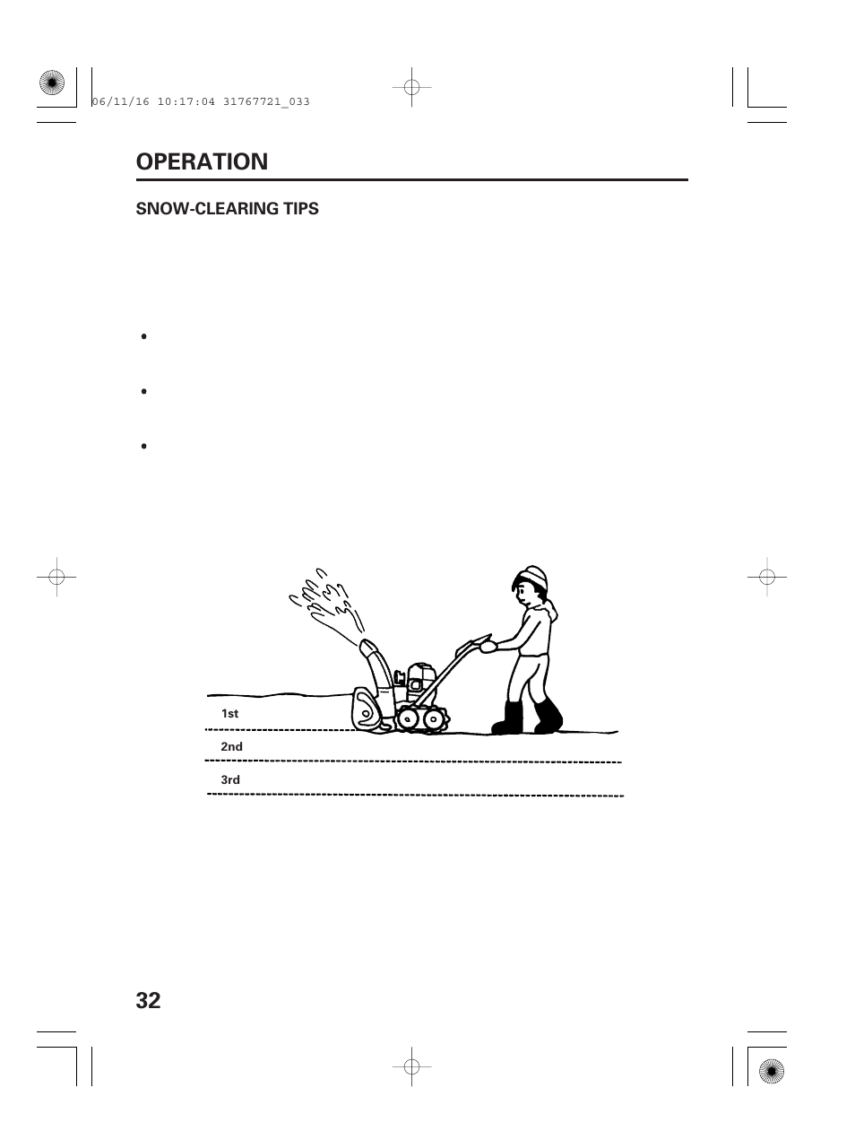 Snow-clearing tips, 32 operation | HONDA SNOWBLOWER HS724 User Manual | Page 34 / 80