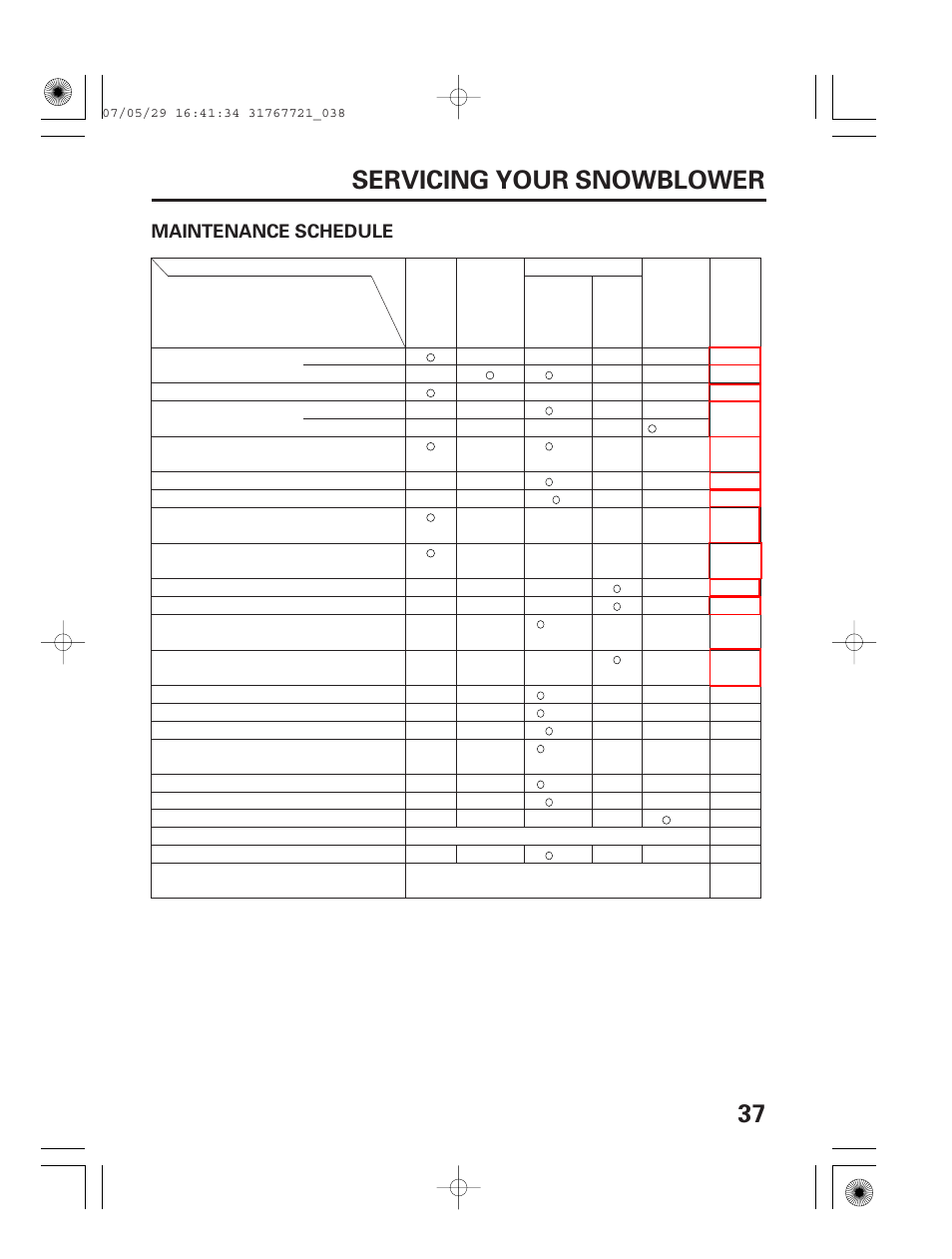 Maintenance schedule, 37 servicing your snowblower | HONDA SNOWBLOWER HS724 User Manual | Page 39 / 80