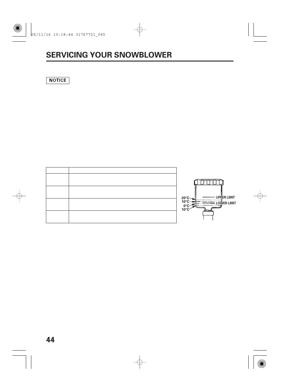 44 servicing your snowblower | HONDA SNOWBLOWER HS724 User Manual | Page 46 / 80