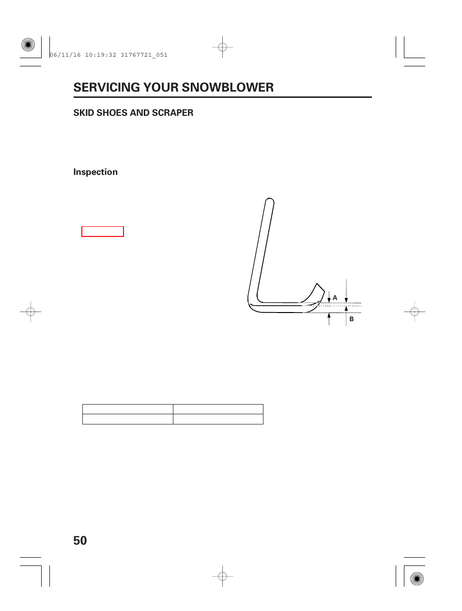 Skid shoes and scraper, 50 servicing your snowblower | HONDA SNOWBLOWER HS724 User Manual | Page 52 / 80