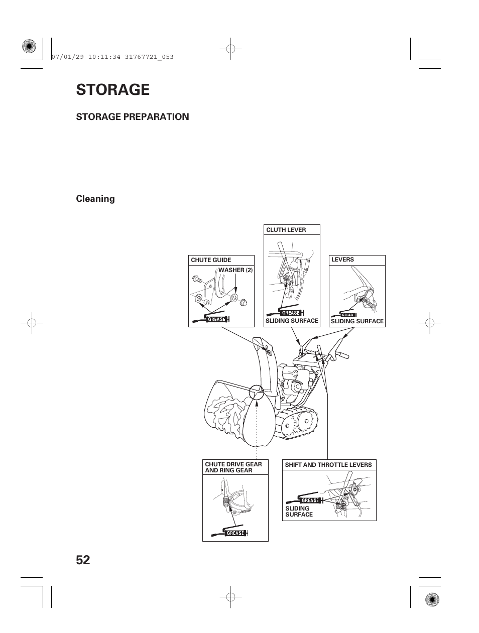 Storage, Storage preparation, Cleaning | Storage preparation cleaning | HONDA SNOWBLOWER HS724 User Manual | Page 54 / 80