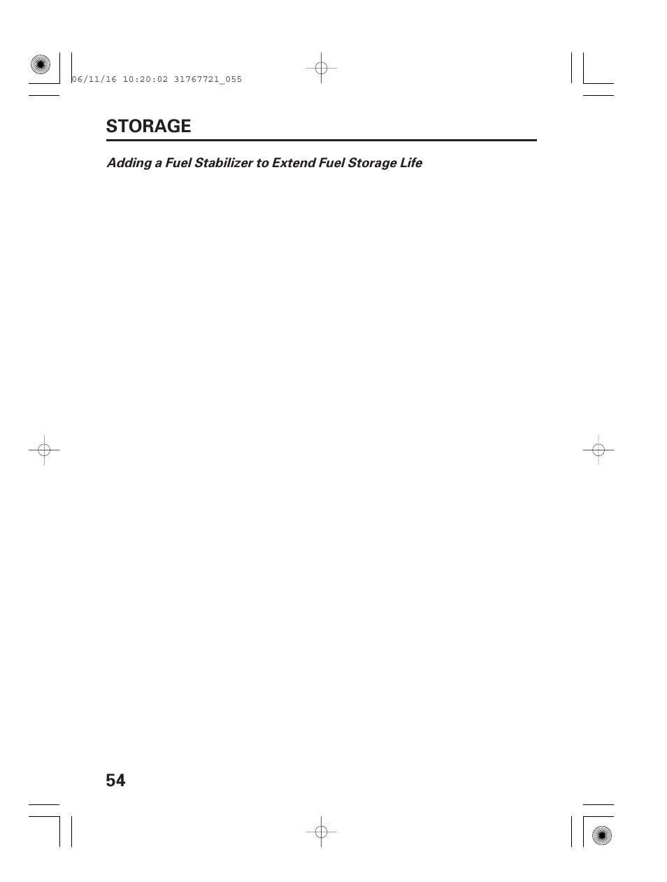 54 storage | HONDA SNOWBLOWER HS724 User Manual | Page 56 / 80