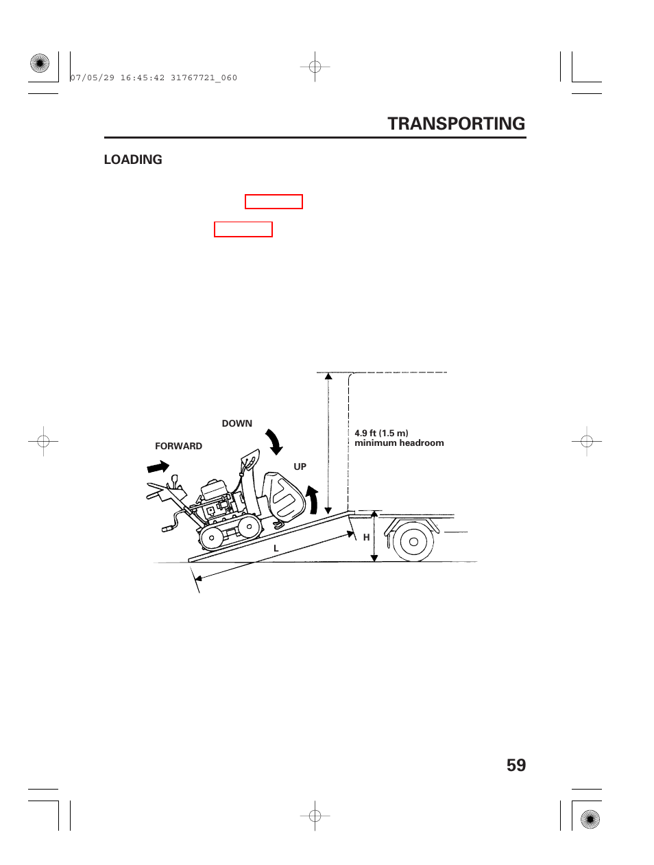 Loading, 59 transporting | HONDA SNOWBLOWER HS724 User Manual | Page 61 / 80