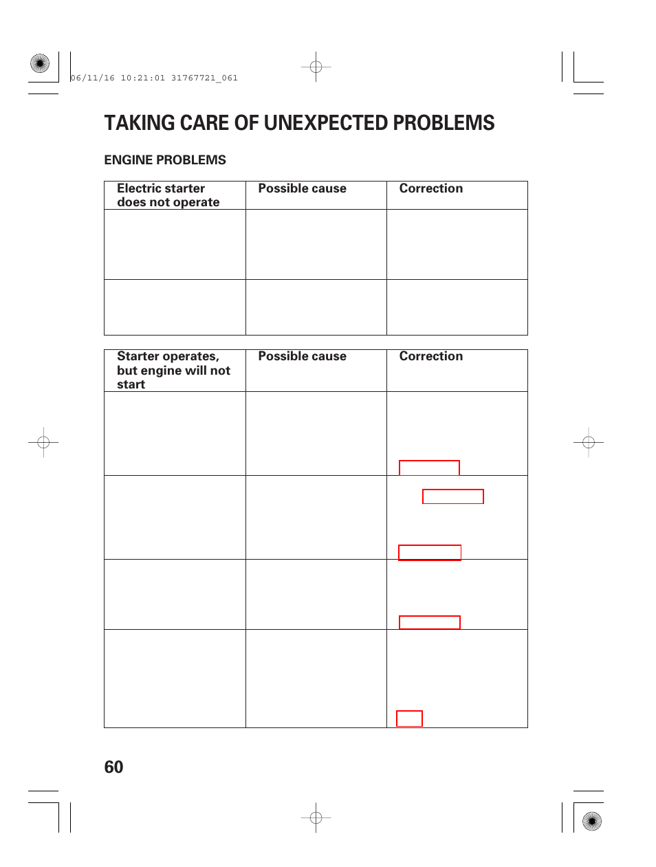 Taking care of unexpected problems, Engine problems | HONDA SNOWBLOWER HS724 User Manual | Page 62 / 80