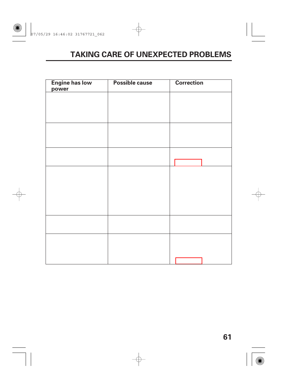 61 taking care of unexpected problems | HONDA SNOWBLOWER HS724 User Manual | Page 63 / 80