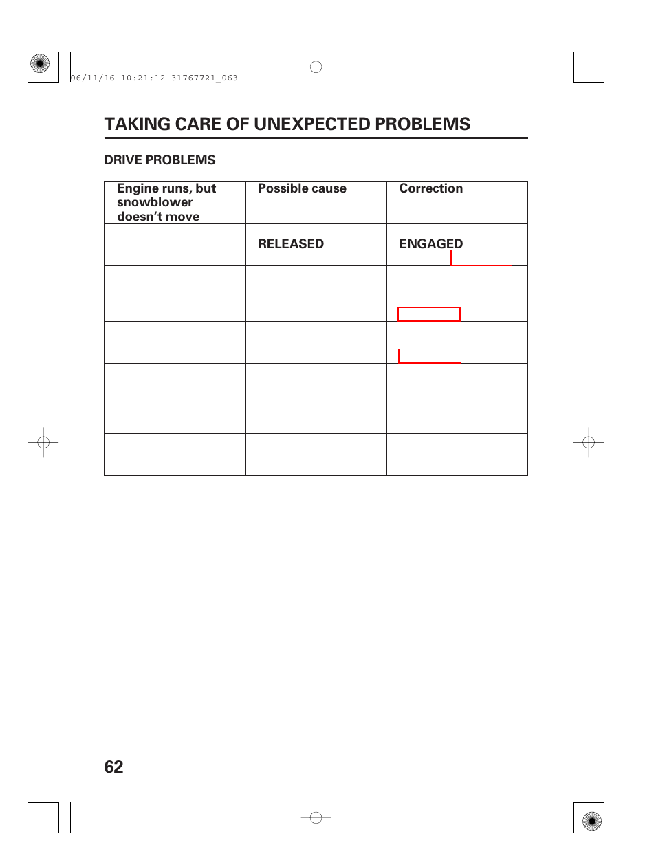 Drive problems, 62 taking care of unexpected problems | HONDA SNOWBLOWER HS724 User Manual | Page 64 / 80