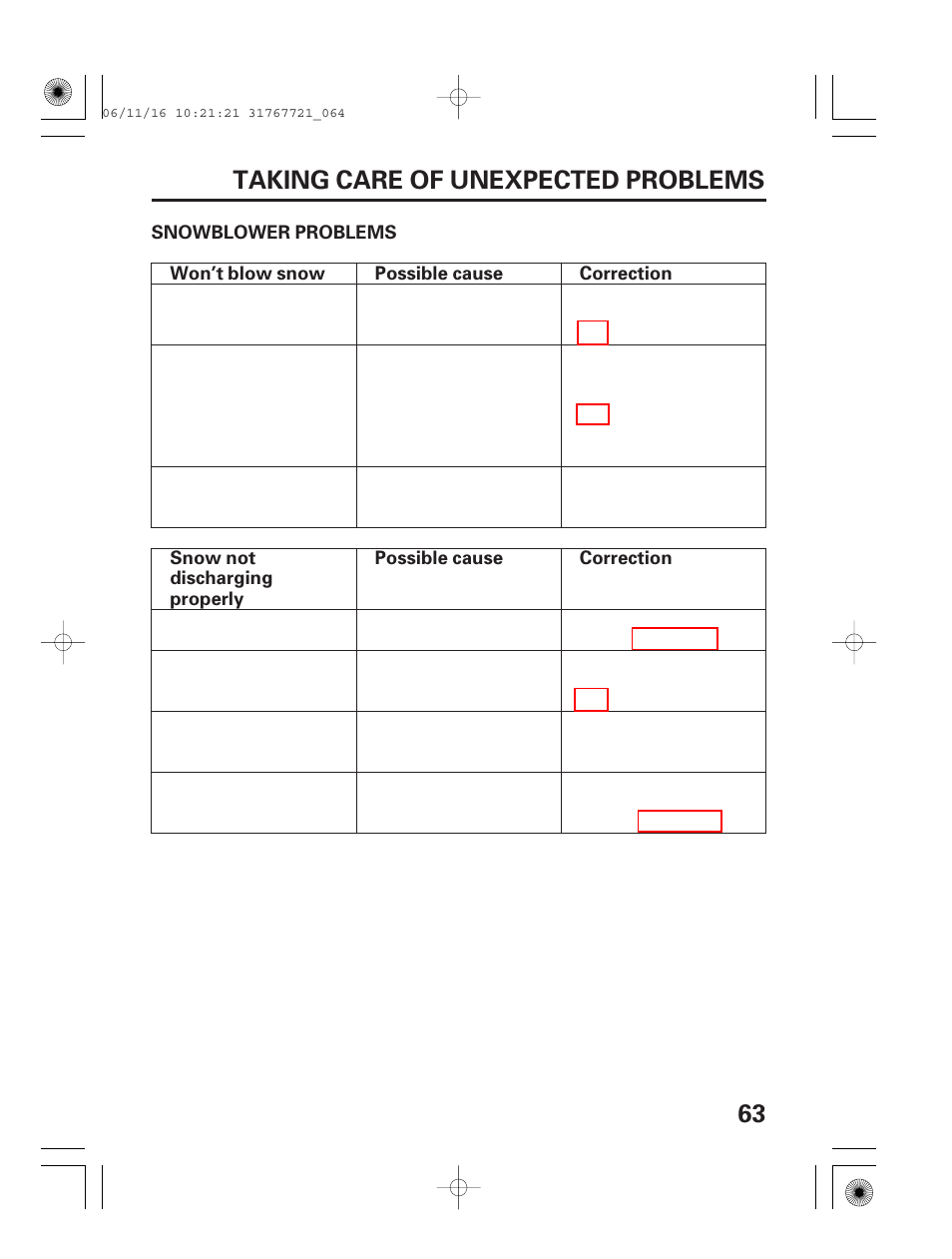 Snowblower problems, 63 taking care of unexpected problems | HONDA SNOWBLOWER HS724 User Manual | Page 65 / 80